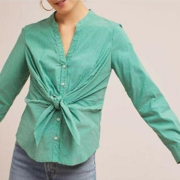 Anthropologie Tops - ANTHROPOLOGIE Maeve Pinstripe Tie Front Fitted Button Down Blouse 10 Green